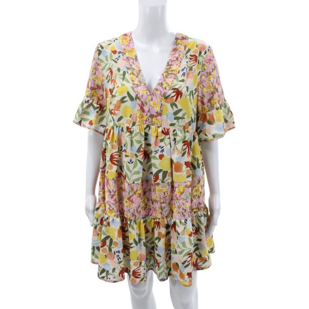 Entro Womens Floral V-Neck Mini Dress Multicolor Short Sleeve Size M